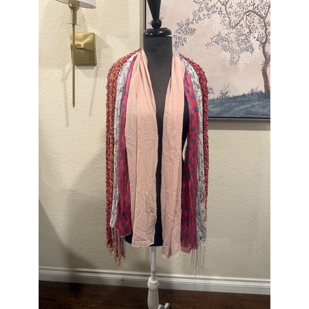 Boho Multi Strand Layered Pink Polka Dot Paisley Eyelash Fringe scarf bundle